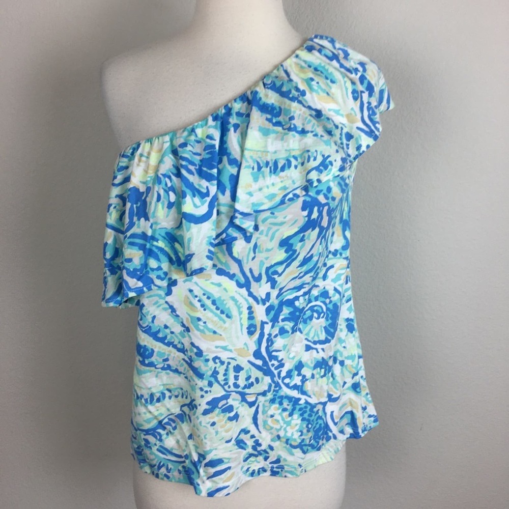 Lilly Pulitzer Blue Abstract Print One Shoulder Top Small